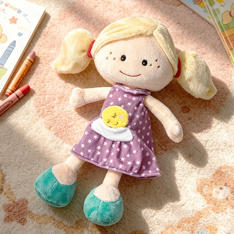 Soft Plush Doll with Embroidered Face, Star-Pattern Dress and Cuddly Pigtails Kalsten