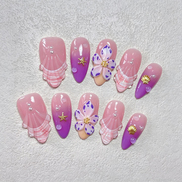 Decorative Press-On Nail Art Set with Floral and Ocean Themes Kalsten