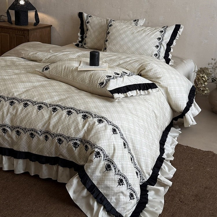 Luxurious bedding set with ruffles and fine embroidery