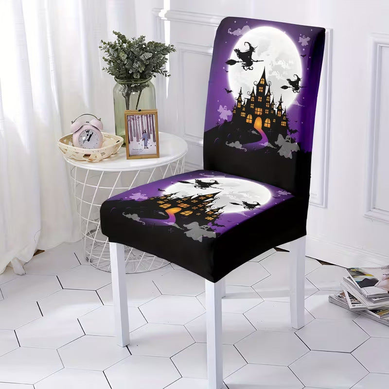 Elastic chair cover with Halloween castle and witch motif, stretchable chair cover for backrest and seat