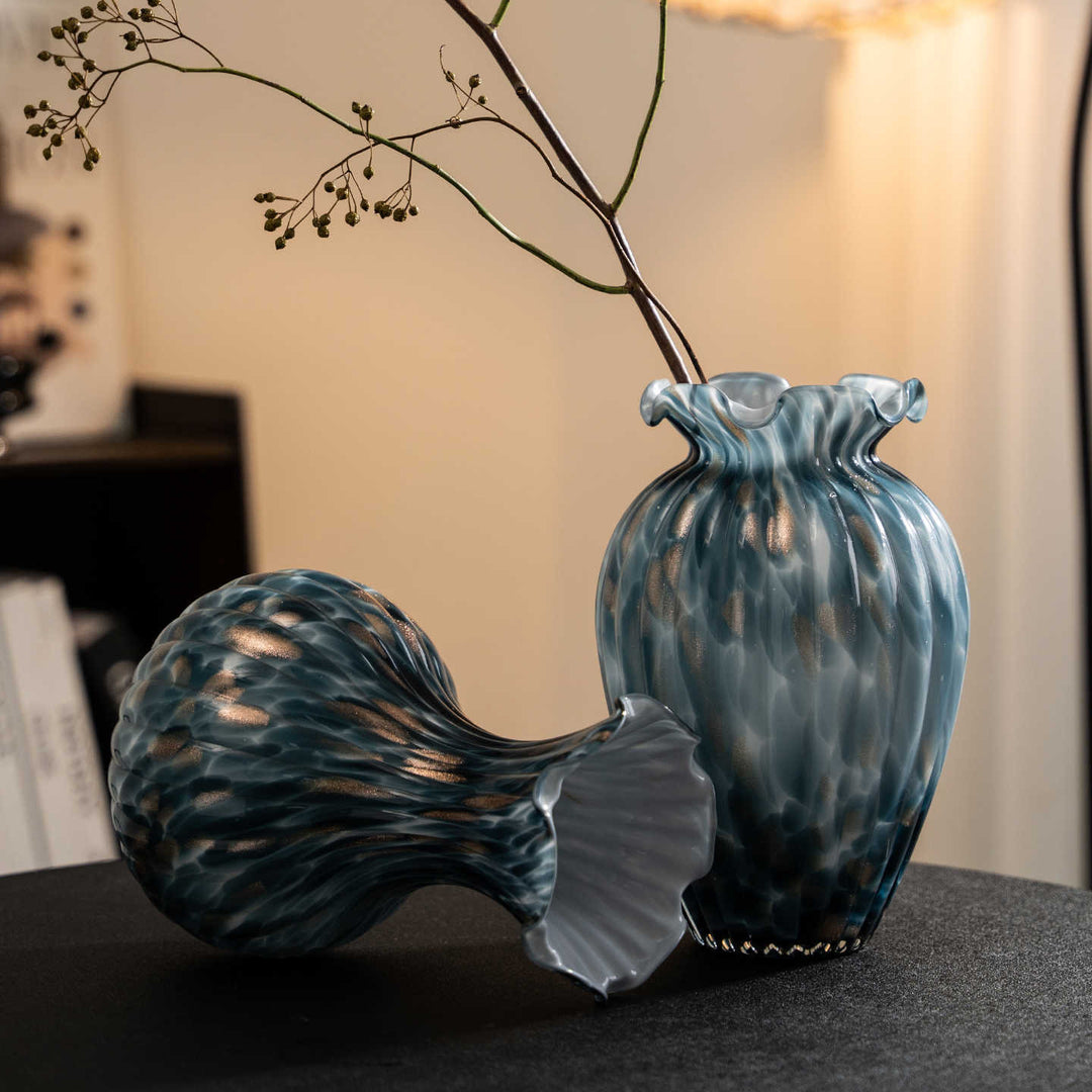 Handblown Sculptural Rippled Bulb Vase with Ruffled Neck Kalsten