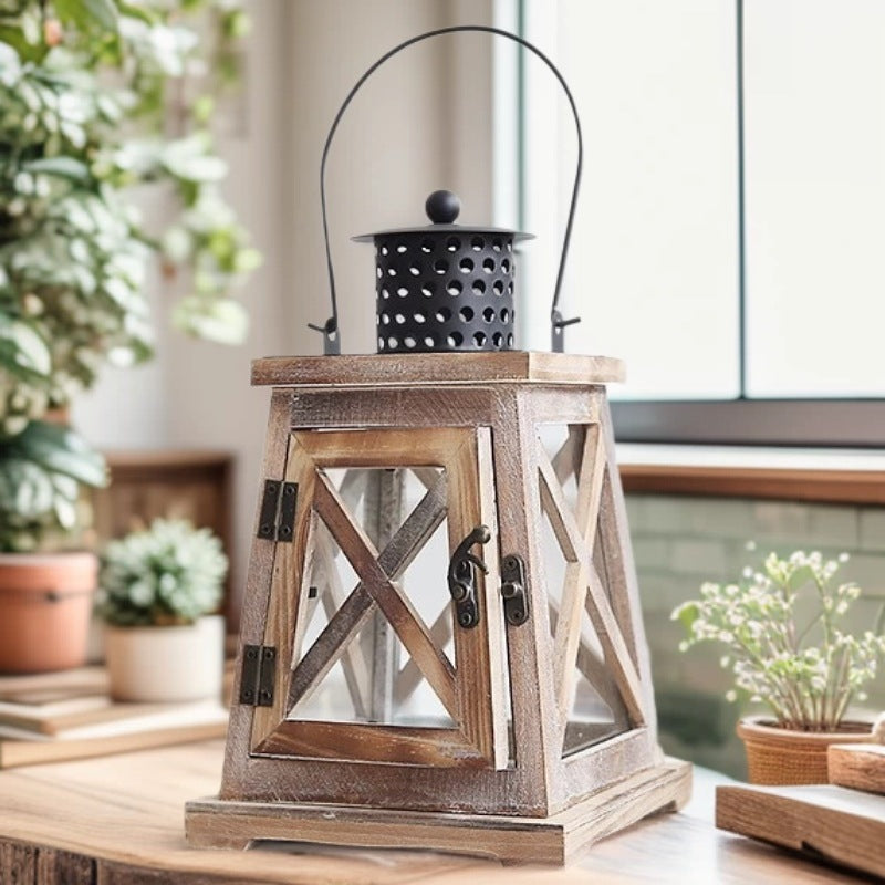Vintage Farmhouse Glass-Panel Tapered Wooden Lantern with Perforated Metal Chimney Kalsten