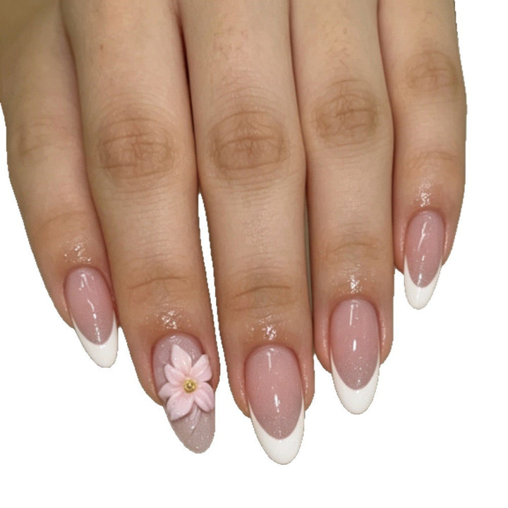 Artificial nails with floral decoration and elegant French tip design Kalsten