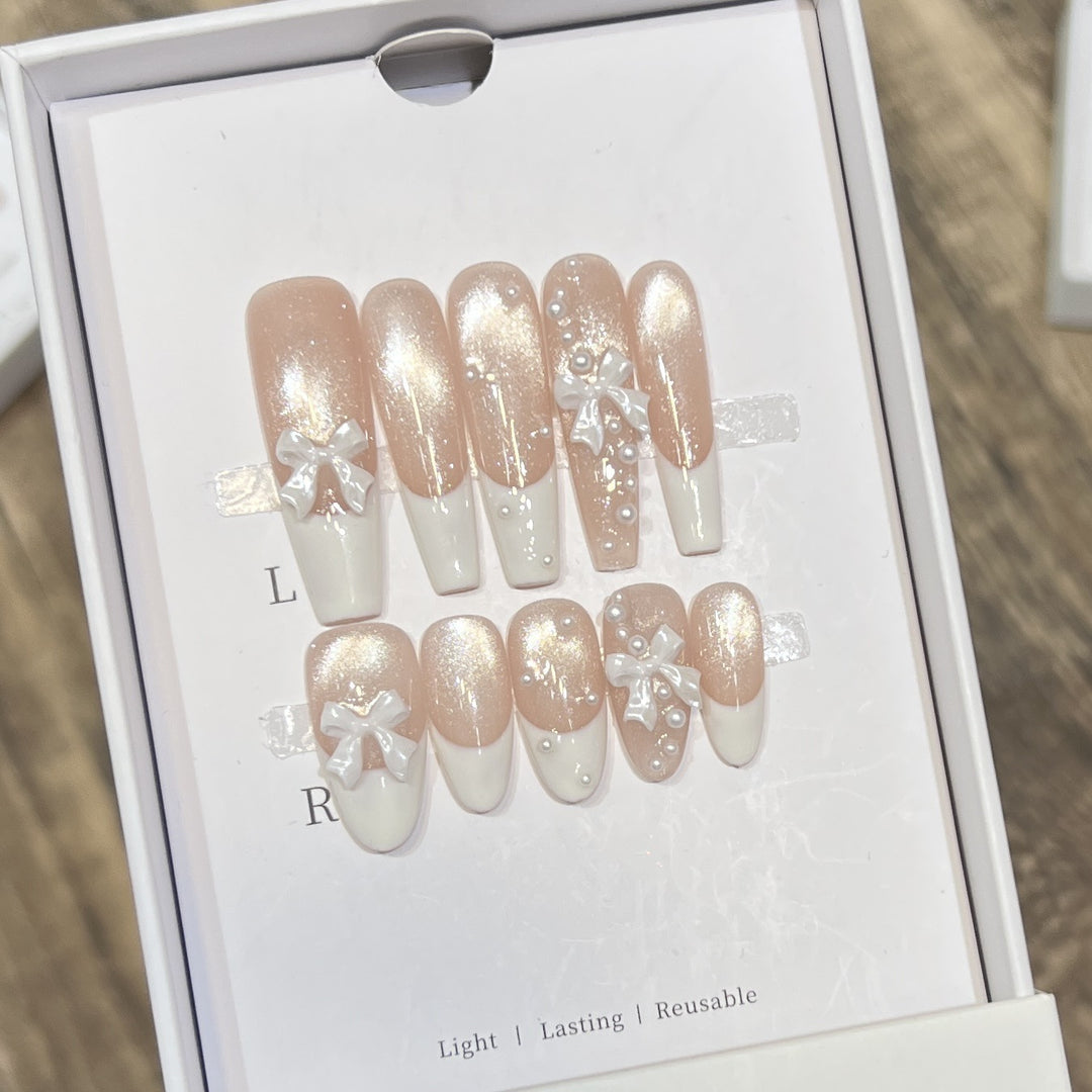 Decorative Long Press-On Nail Set with Bow and Pearl Accents Kalsten