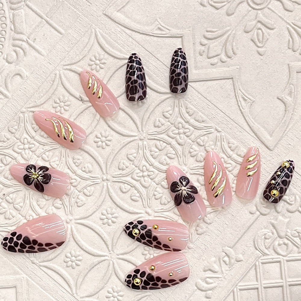 Artistic Press-On Nail Set with Floral and Leopard Accent Kalsten