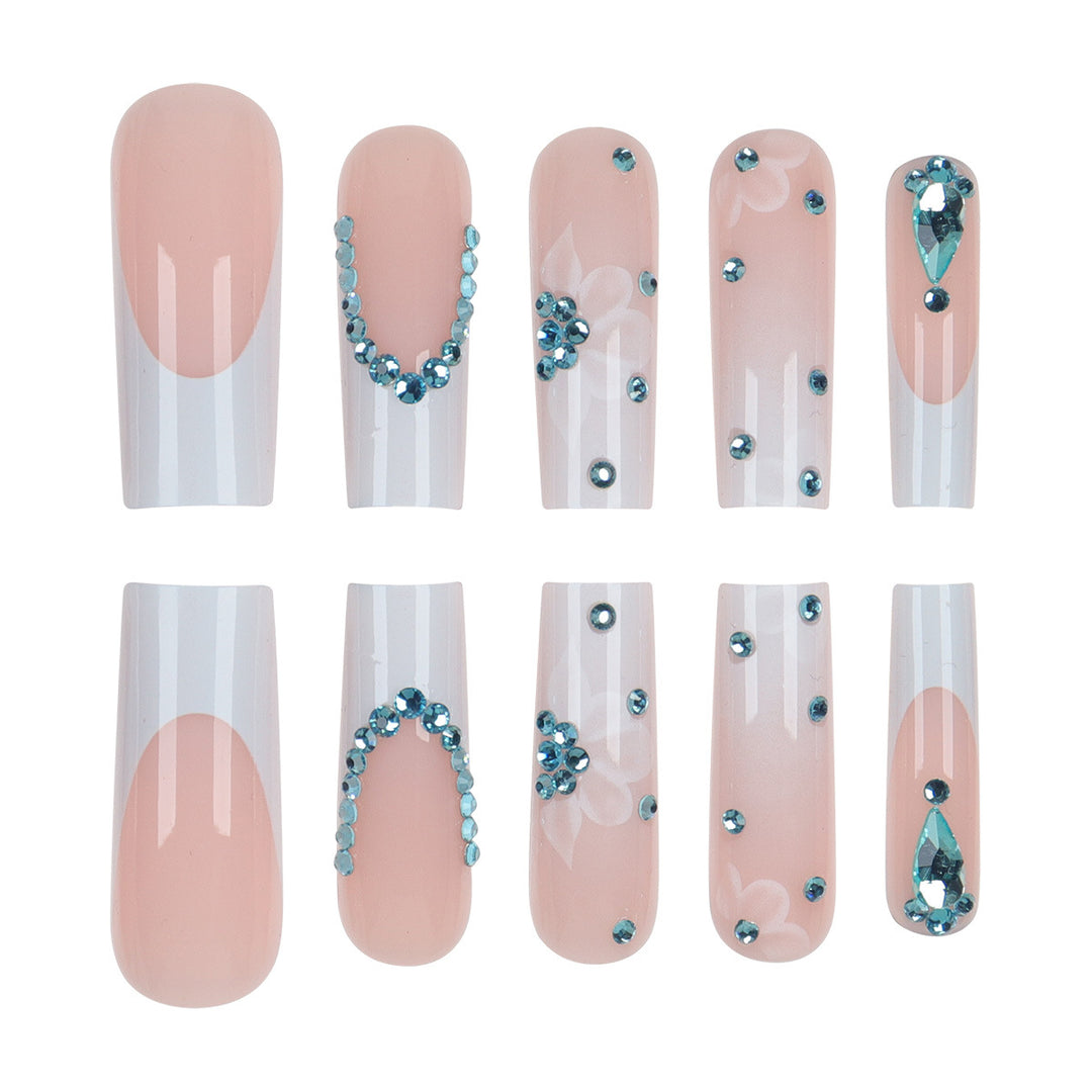 Floral-Designed Press-On Nail Set with Decorative Gem Accents Kalsten