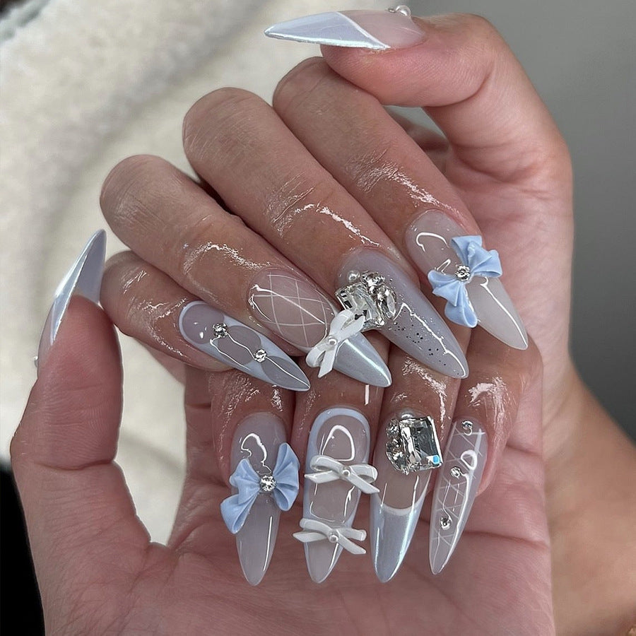 Decorative Press-On Nail Art Set with Unique Gem and Bow Accents kalsten