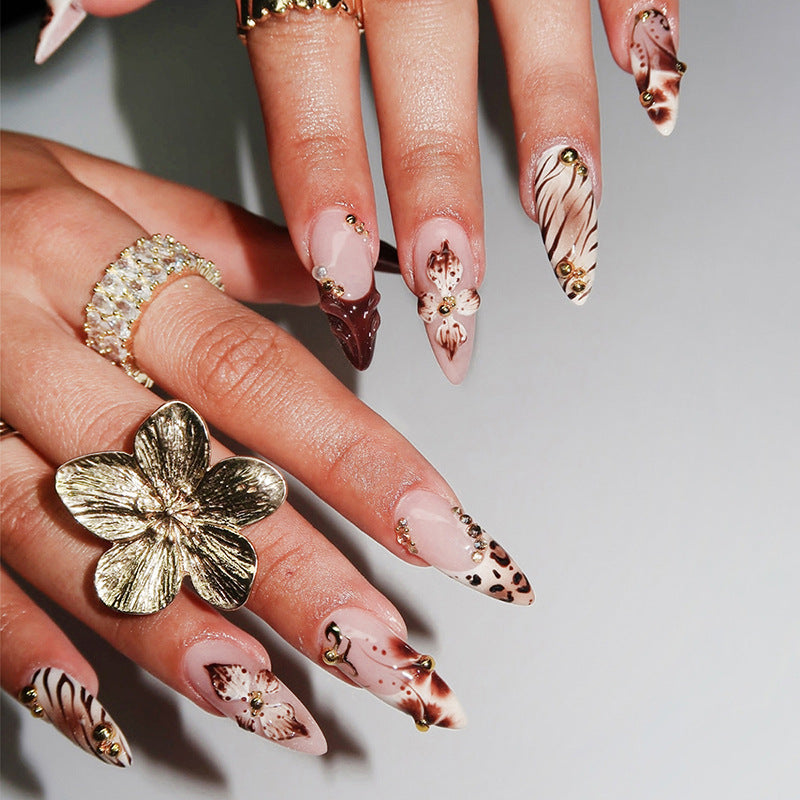 Artistic Press-On Nail Set with Floral and Animal Print Designs kalsten