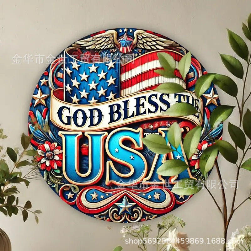 Independence Day rustic round wooden patriotic cross wall plaque with floral accents and God Bless America banner Kalsten