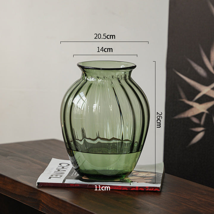 Handblown Ribbed Smoky Glass Bulb Vase with Narrow Neck Kalsten