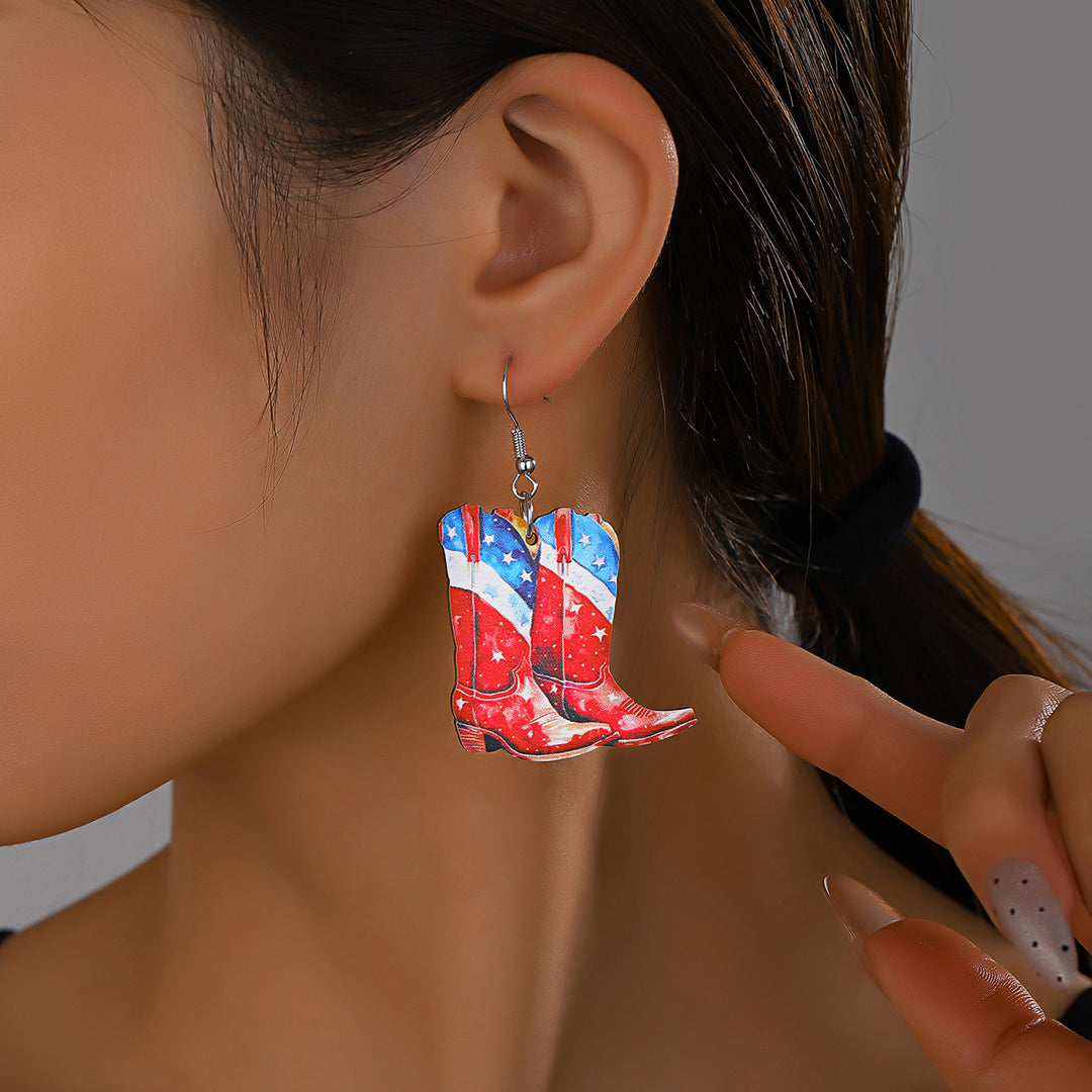 Ladies nan cowboy boots earrings with flag pattern made of lightweight wood Kalsten