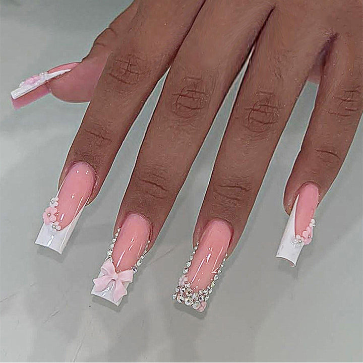 Decorative Press-On Nail Set with Elegant Floral and Gem Accents kalsten