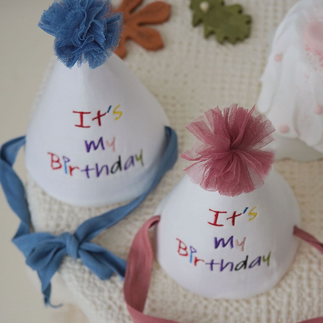 Embroidered Cotton Birthday Cone Party Hat with Tulle Pom and Ribbon Ties