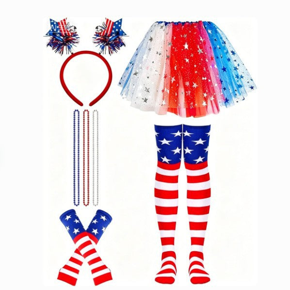 Women's nan patriotic tulle layered mini skirt headband arm sleeves and thigh high socks set Kalsten