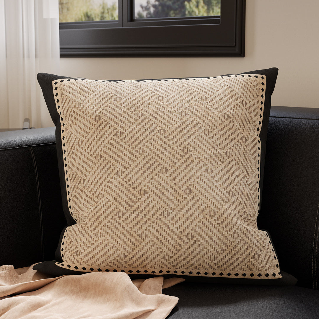 Decorative Woven Throw Pillow Cover with Geometric Chevron Texture and Contrasting Piped Edge