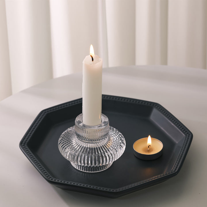 Ribbed Textured Glass Tealight Candle Holder with Flared Collar Kalsten