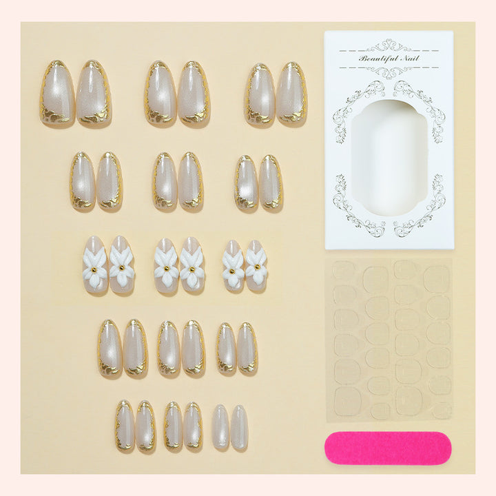 Elegant Press-On Nail Art Set with Floral and Gold Accents Kalsten