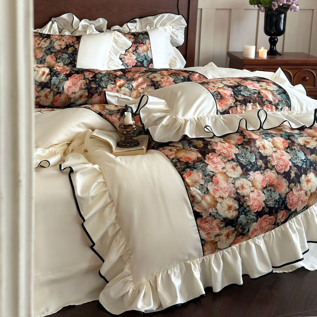 Luxurious floral cotton satin bedding set with ruffles and piping