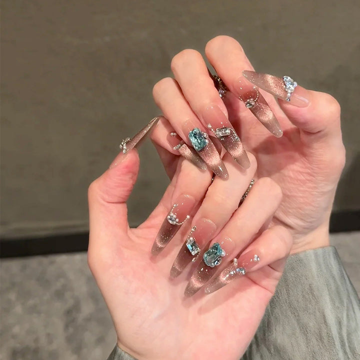 Elegant Gel Press-On Nails with Rhinestone and Glitter Accents Kalsten