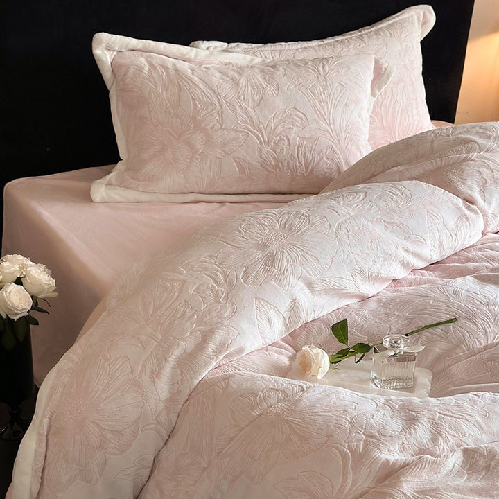 Quilted Velvet Duvet Cover Set with Floral Relief and Soft Filling Edge