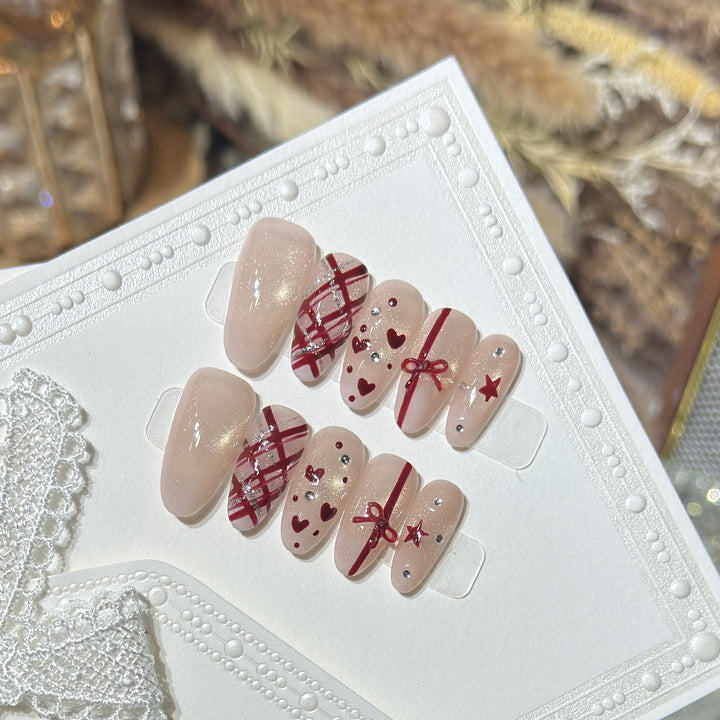 Romantic Themed Press-On Nail Set with Heart and Bow Accents Kalsten