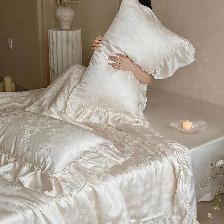 Luxury satin bedding set with floral jacquard pattern, ruffle, and silky finish