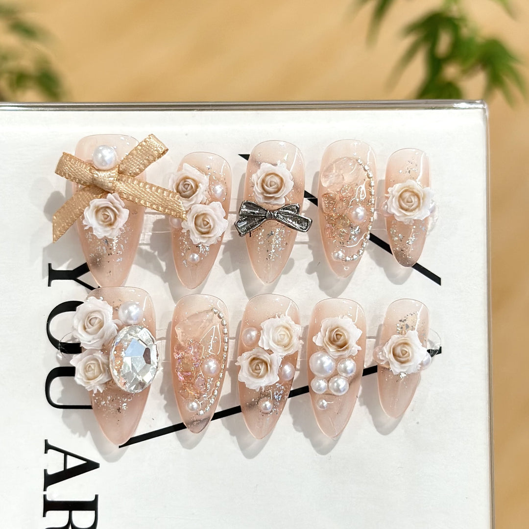 Elegant Decorative Press-On Nail Art Set with Floral Accents