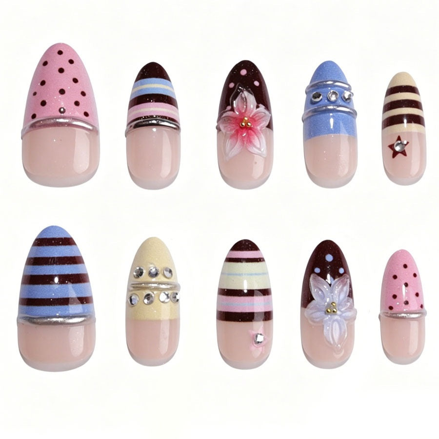 Creative nail art set with floral and striped accents Kalsten