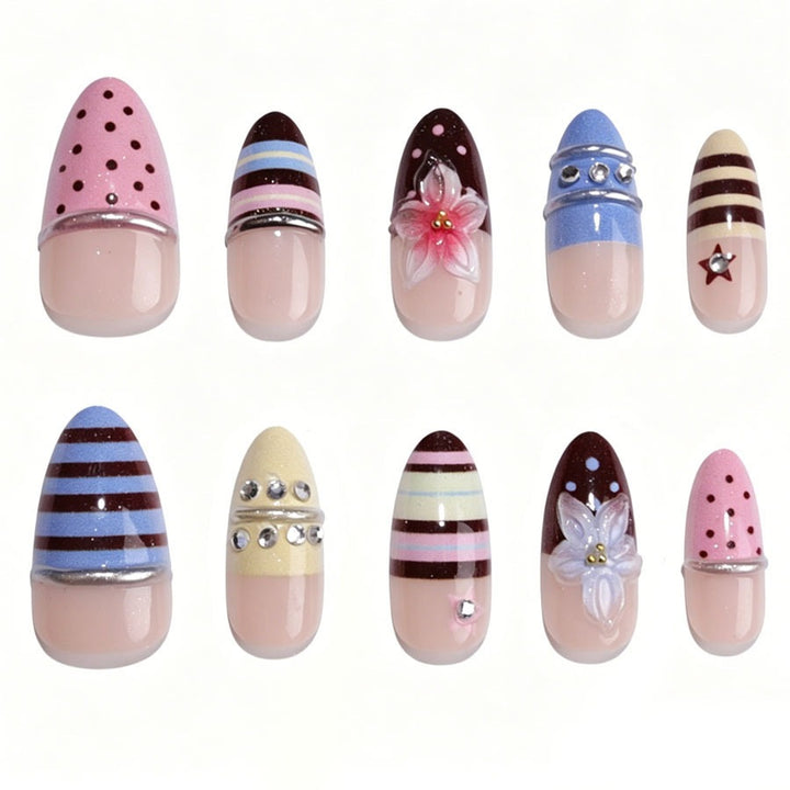 Creative nail art set with floral and striped accents Kalsten