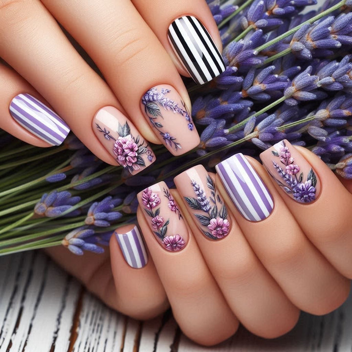 Artificial nails with floral and striped designs Kalsten