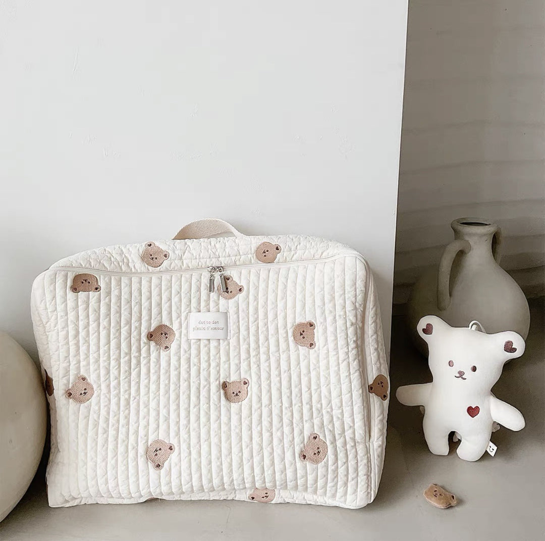 Quilted Portable Baby Mattress Carry Case with Handle and Embroidered Fruit Motif