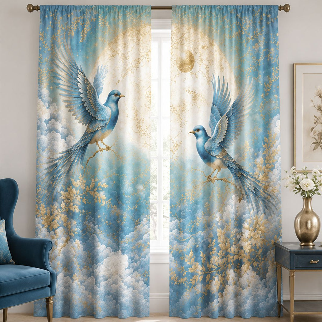 Artistic Floral Swan Print Window Curtains