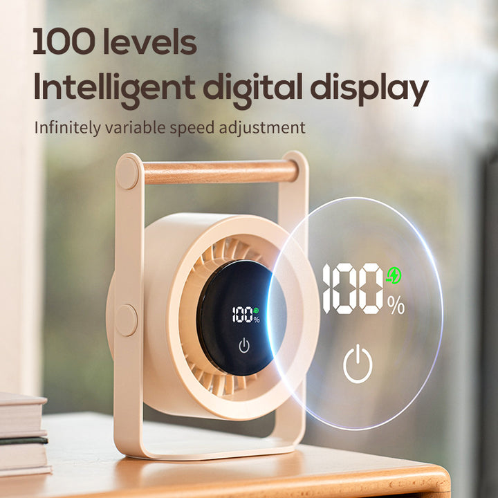 Unisex nano portable battery table fan with digital LED display and wood handle Kalsten