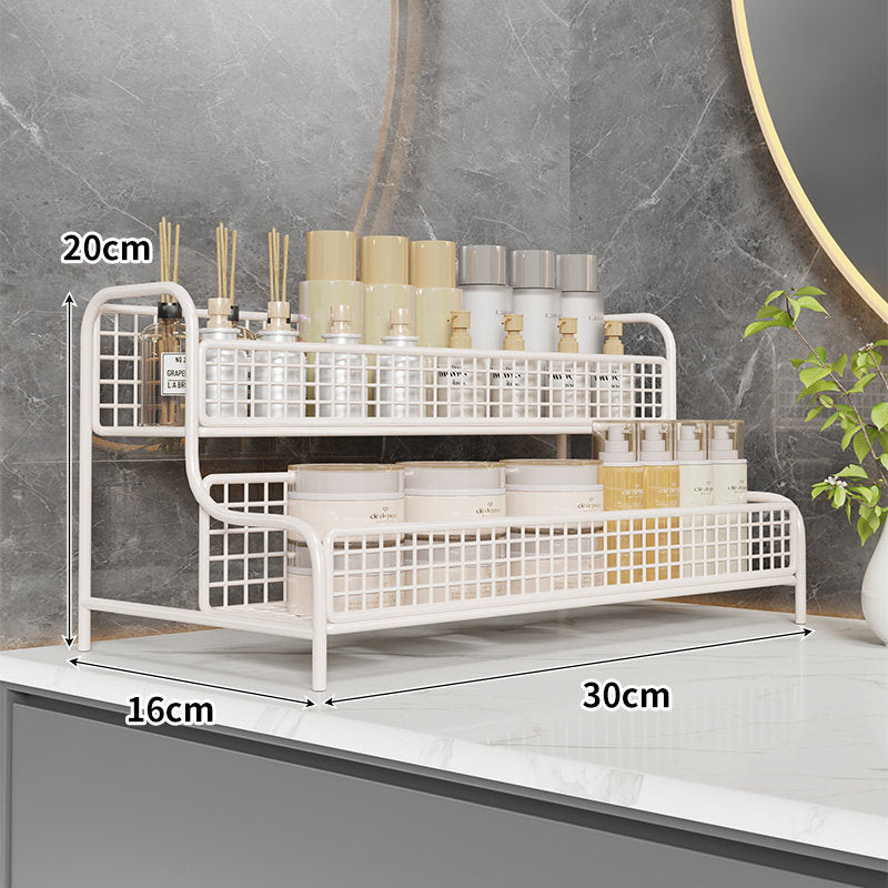 Two-Tier Mesh Countertop Organizer Rack for Bathroom Vanity and Kitchen Spice Storage