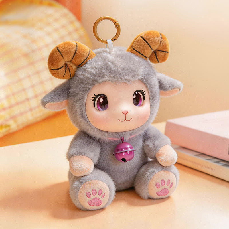 Plush Ram Keychain Charm with Curly Faux-Fur, Sculpted Face, Bell Necklace and Metal Ring Kalsten