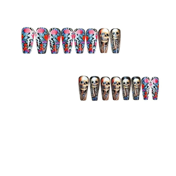 Creative artificial nails with skeleton and flower motifs Kalsten