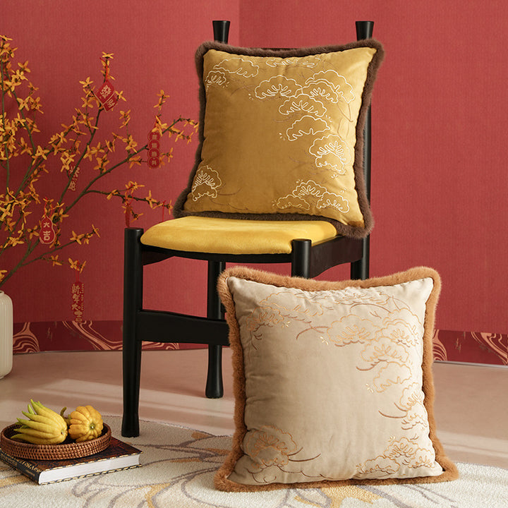 Square velvet cushion cover with intricate embroidery and faux fur trim Kalsten