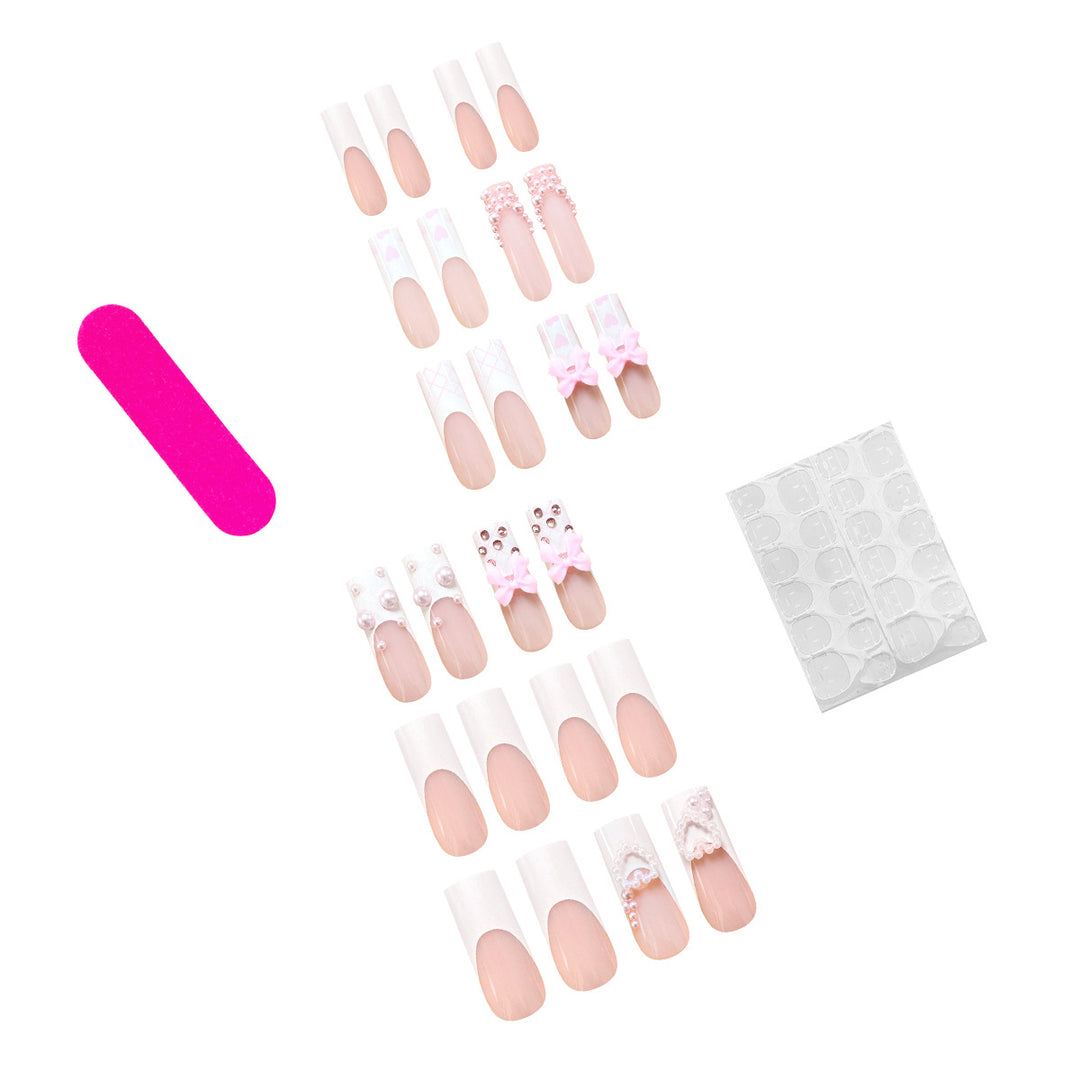 Artistic acrylic nails with bow and pearl decorations Kalsten