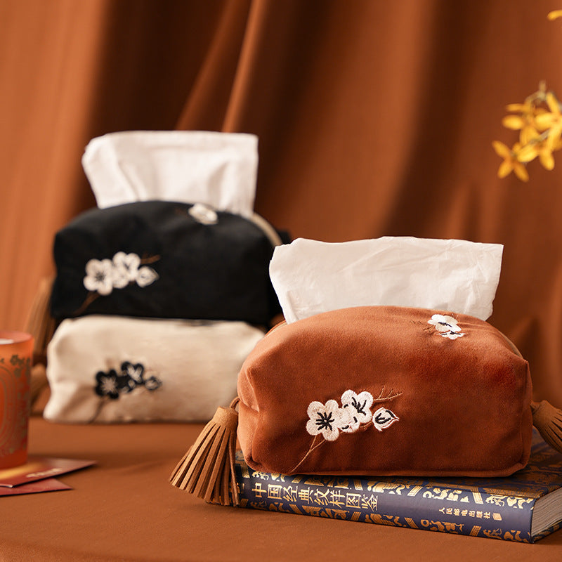 Embroidered tissue box cover made of velvet with tassels Kalsten