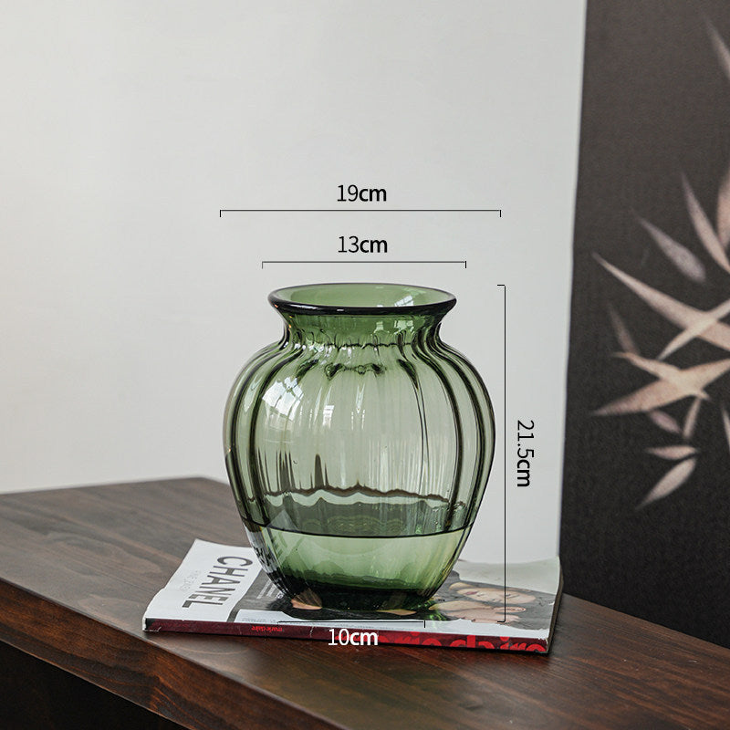 Handblown Ribbed Smoky Glass Bulb Vase with Narrow Neck Kalsten