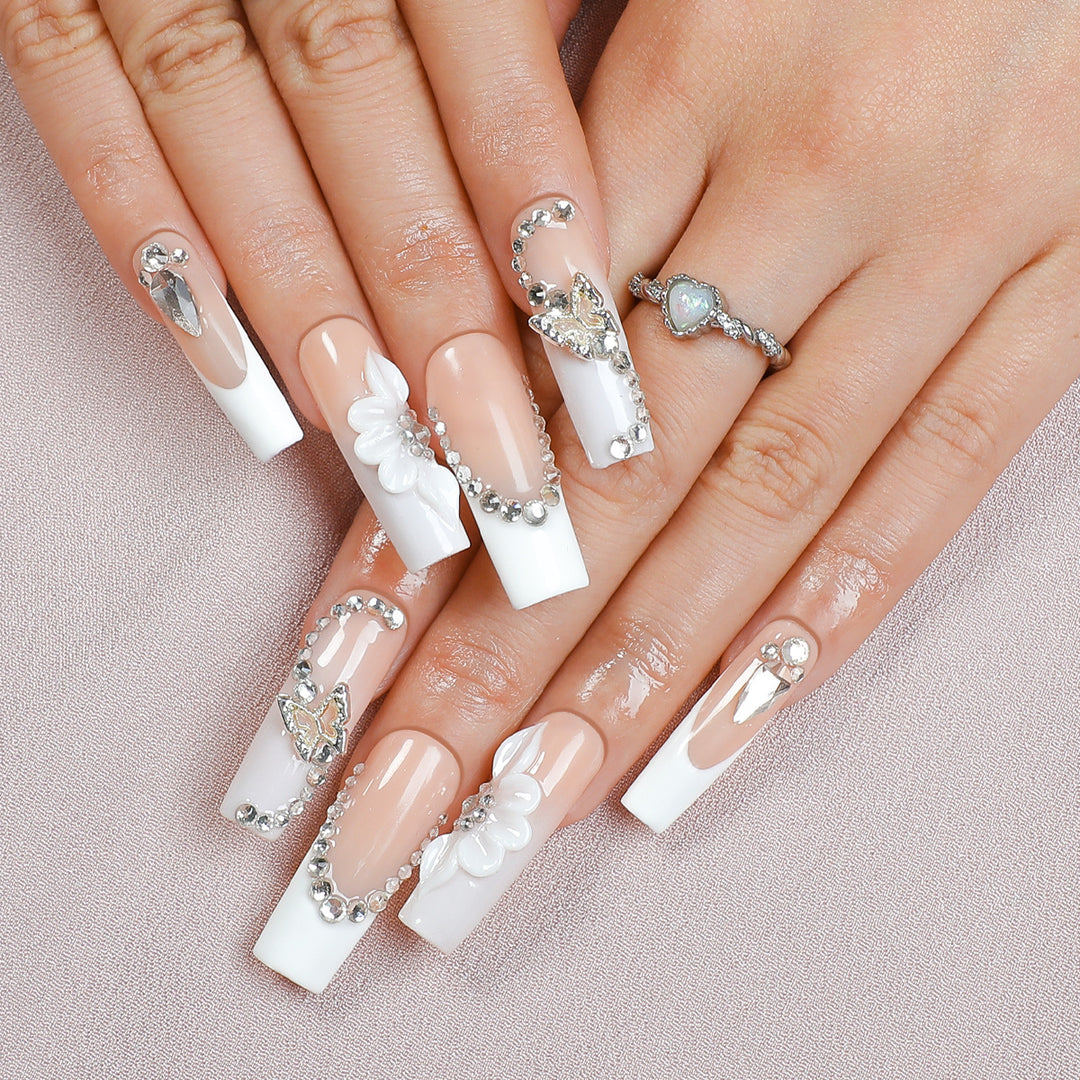 Artificial nail set with elegant glitter and flower motifs Kalsten