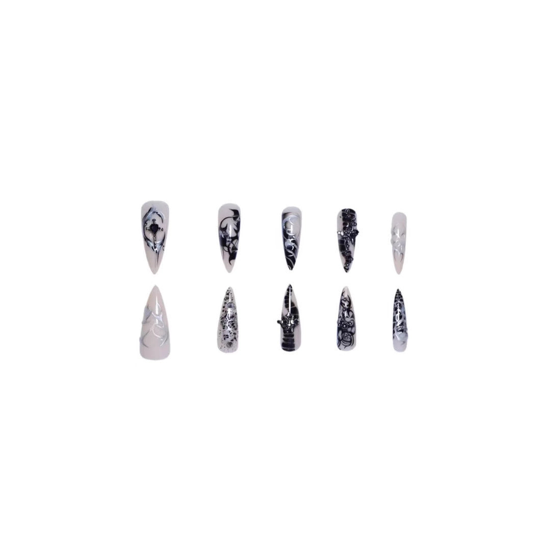 Artistic Stiletto Nail Extensions with Black Detailing Kalsten