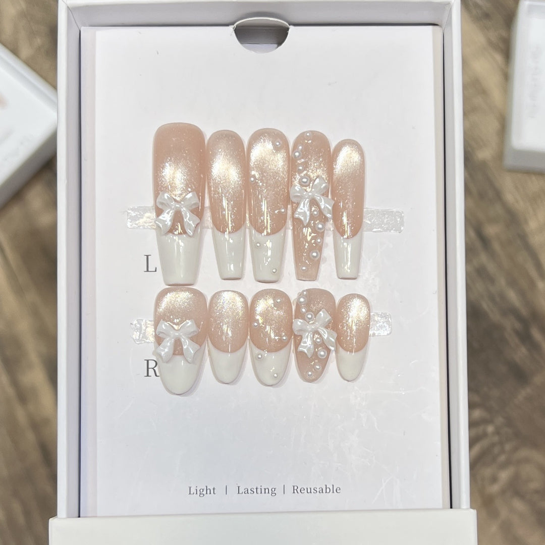 Decorative Long Press-On Nail Set with Bow and Pearl Accents Kalsten