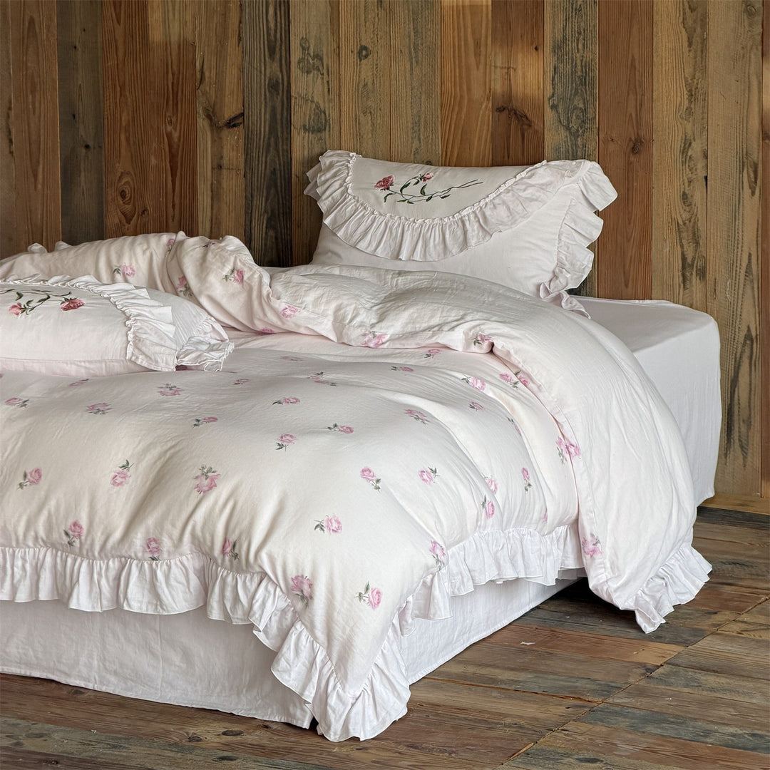 Romantic cotton bedding set with ruffle trim and rose embroidery