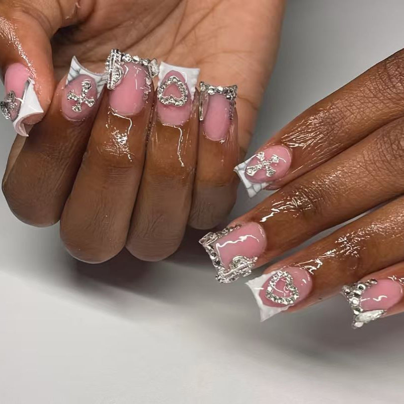 Decorative Press-On Nail Art with Rhinestone Details Kalsten