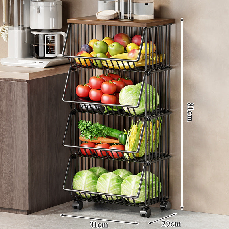 Multi-Tier Rolling Kitchen Fruit and Vegetable Storage Cart with Wood Top