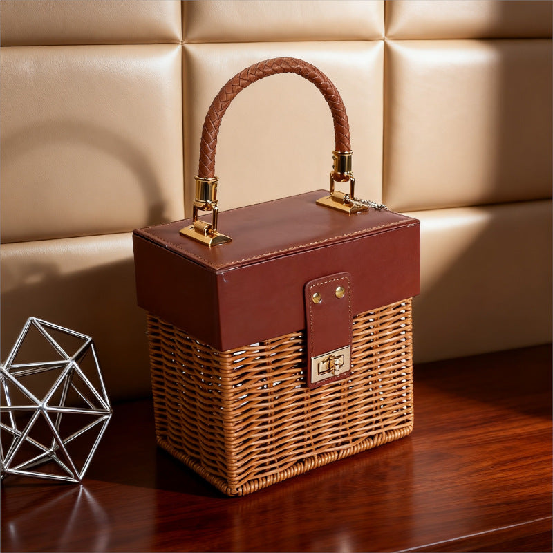 Women Stylish Basket with Elegant Leather Lid and Woven Design Kalsten
