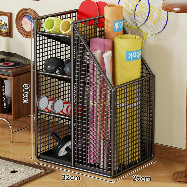 Vertical Mesh Multi‑Compartment Fitness and Yoga Mat Storage Rack