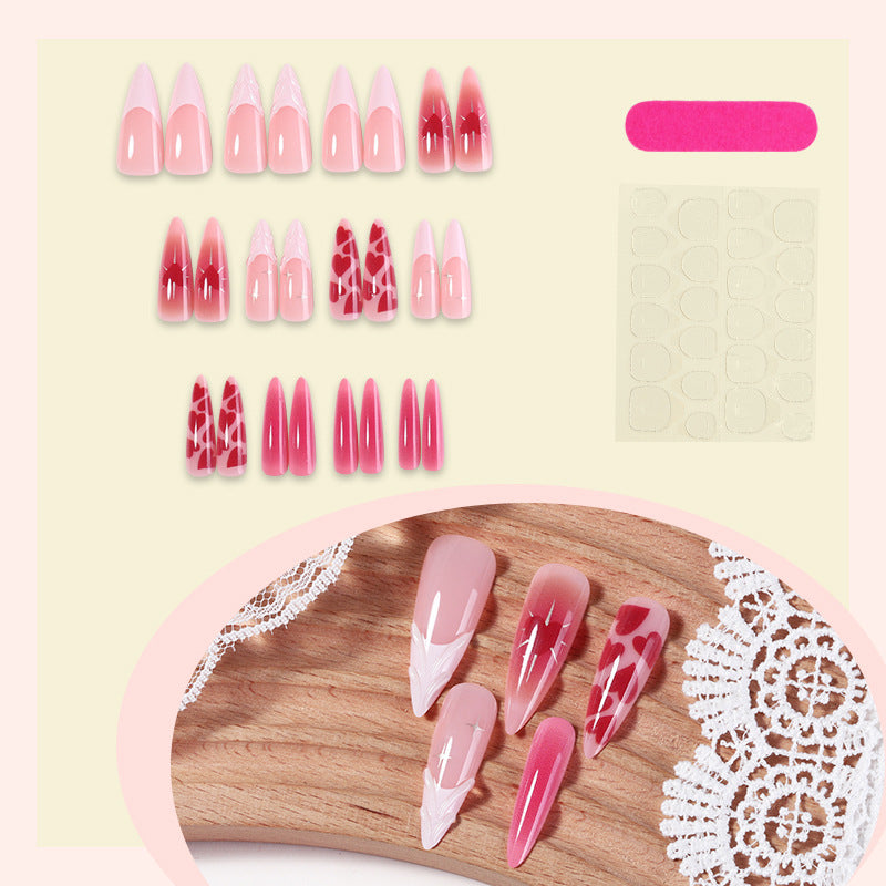 Artistic Press-On Nail Set with Gradient and Heart Patterns kalsten