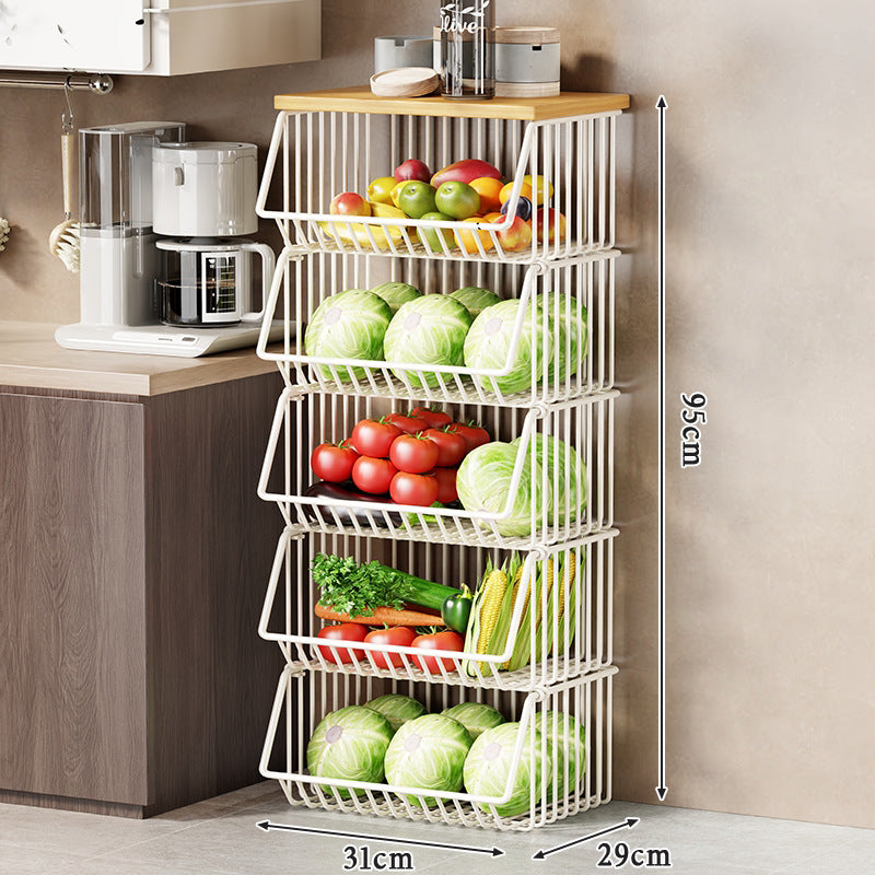 Vertical Five-Tier Rolling Kitchen Produce Storage Cart with Wooden Top and Pull-Out Wire Baskets